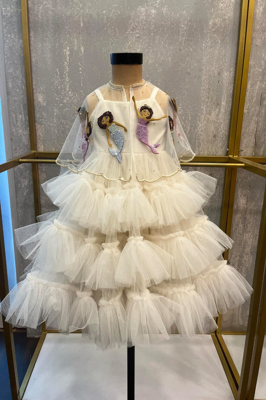 The White Ruched Dress with Mermaid Embroidery On The Cape