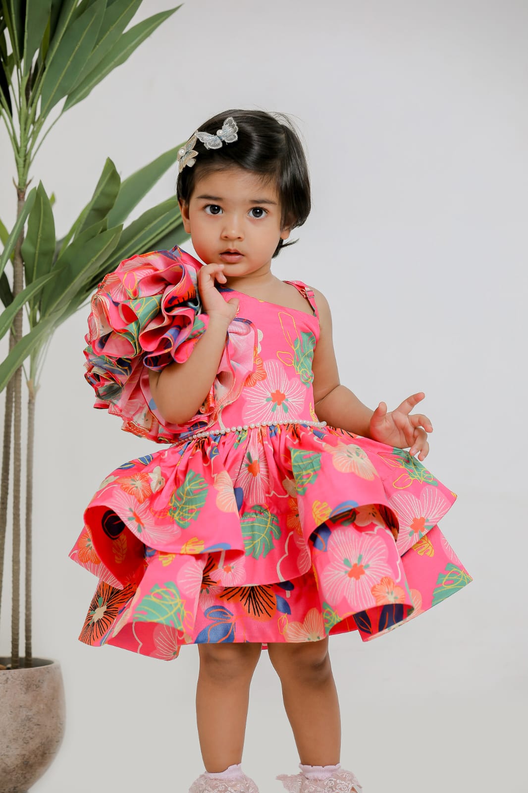 PINK PRINTED ONE SHOULDER DRESS