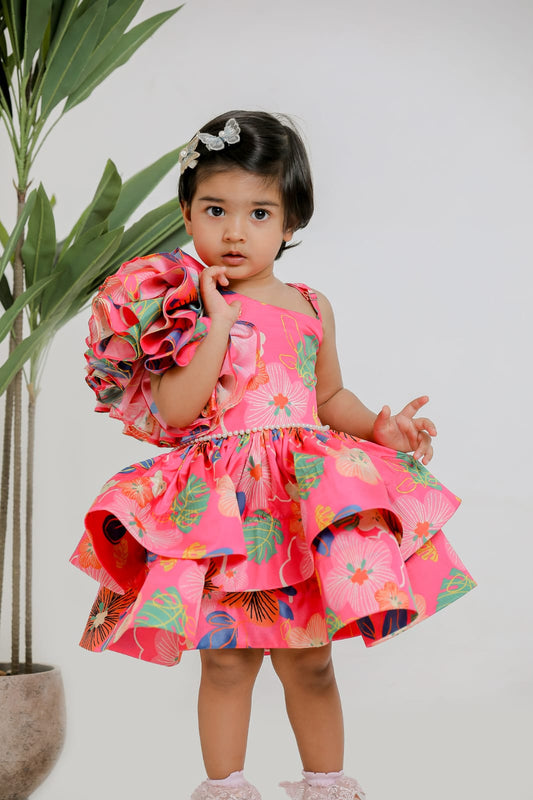 PINK PRINTED ONE SHOULDER DRESS