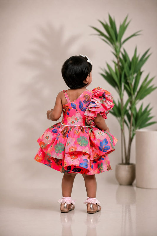 PINK PRINTED ONE SHOULDER DRESS
