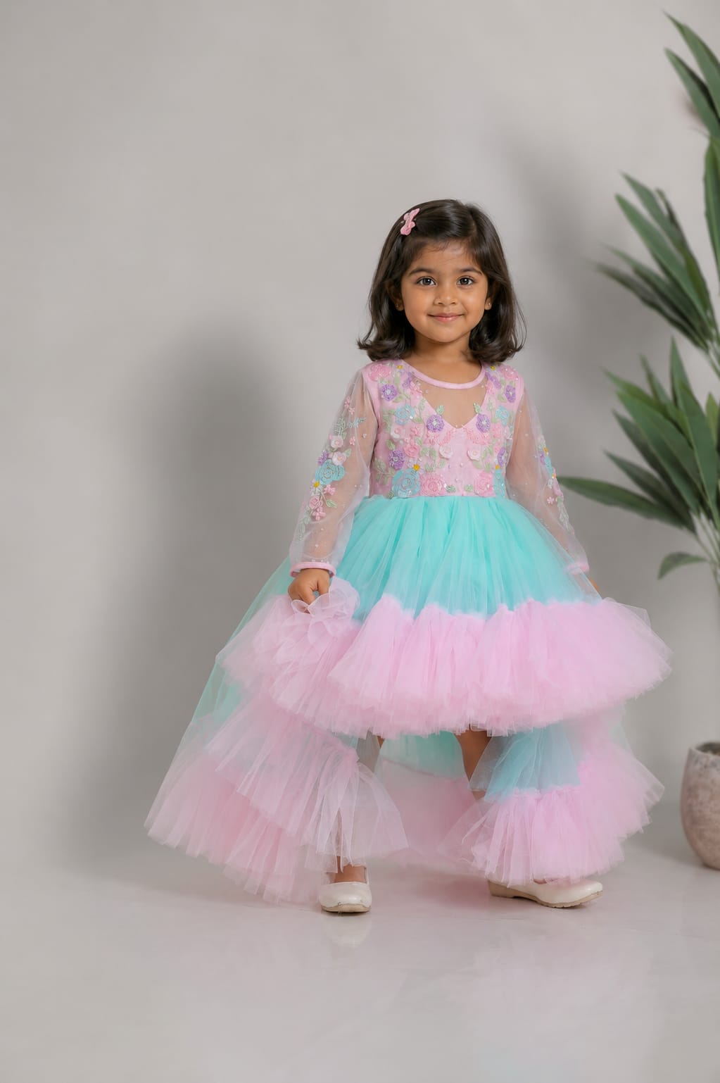 PINK BLUE HIGH LOW FlLORAL EBROIDERRED GOWN