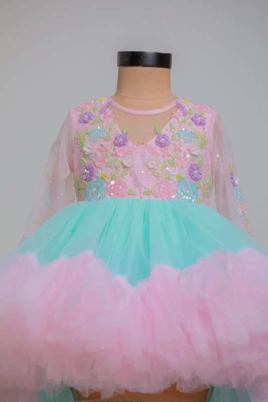 PINK BLUE HIGH LOW FlLORAL EBROIDERRED GOWN