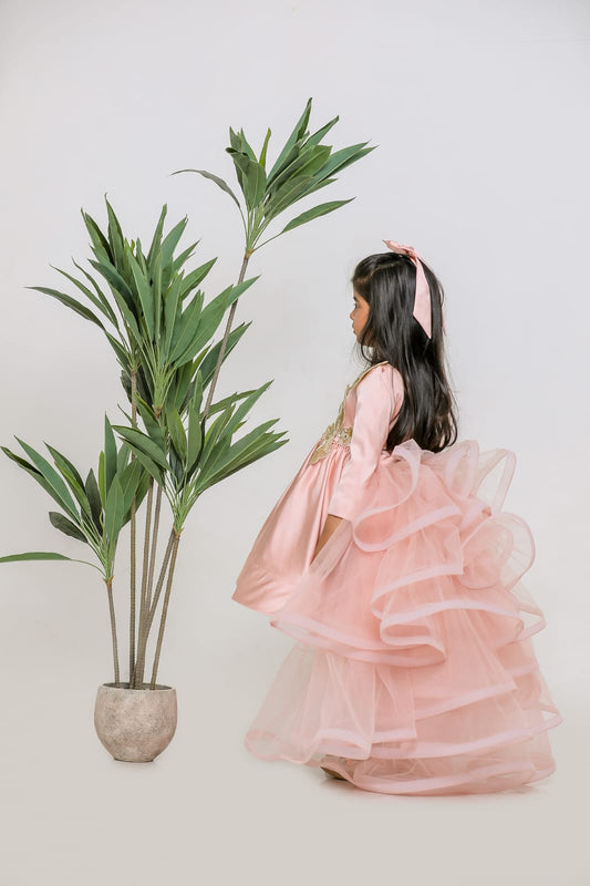PEACH CUTDANA FLOWER DRESS WITH DETACHABLE RUFFLE