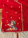 Red and White Krishna Printed Outfit with Mukut and Basuri