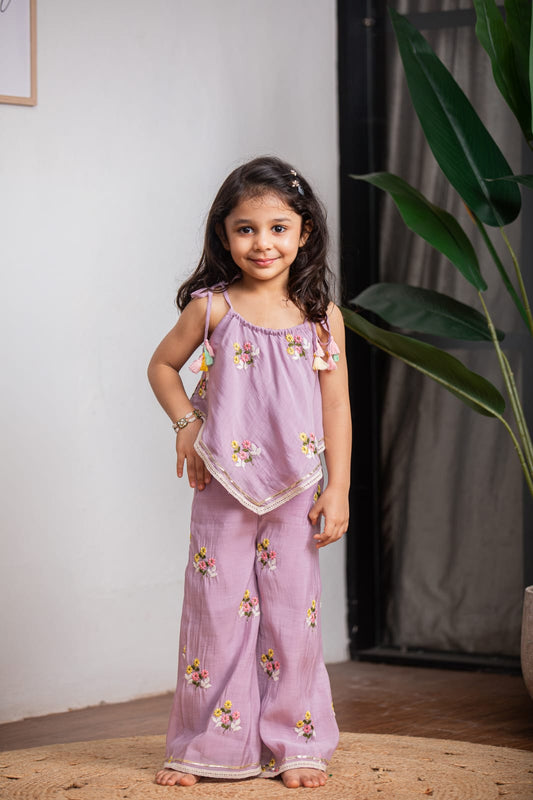 Lilac Chanderi Thread Embroidery Palazzo set