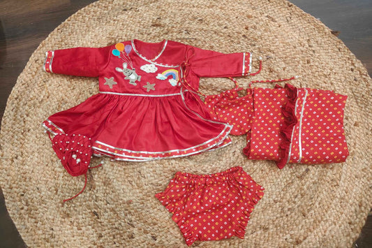 Red Bandhej Jaamna frock with cute embroidery
