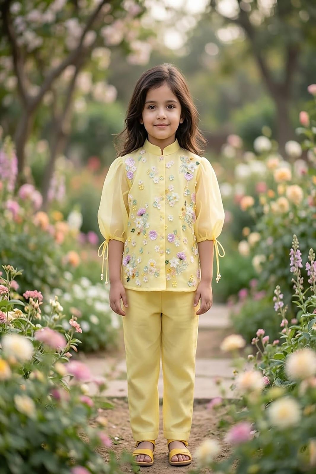 Yellow 3d flower Embroidered Top and Pant