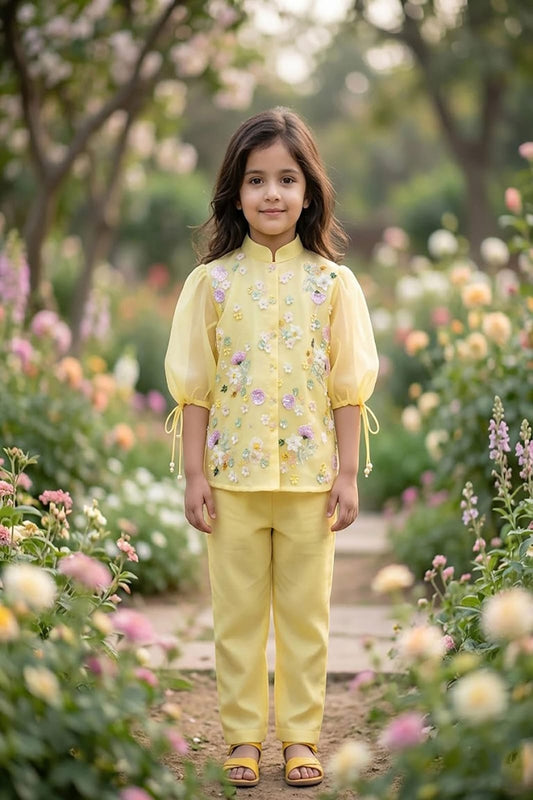 Yellow 3d flower Embroidered Top and Pant