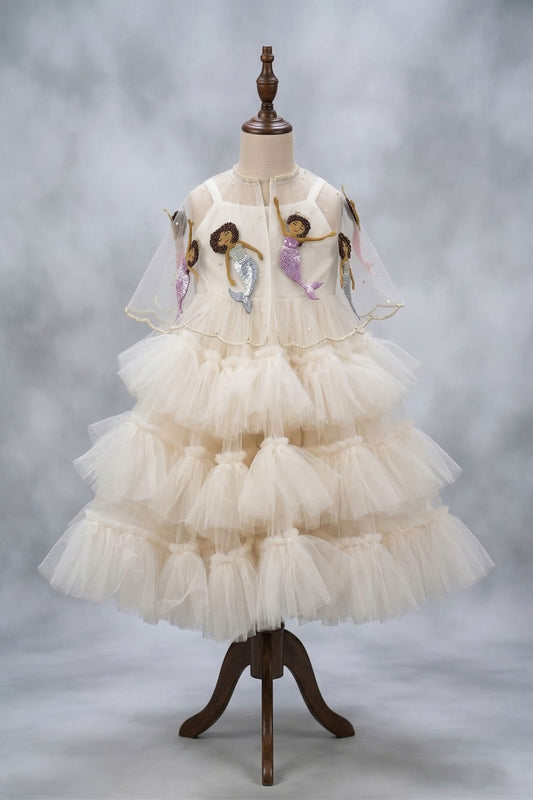 The White Ruched Dress with Mermaid Embroidery On The Cape