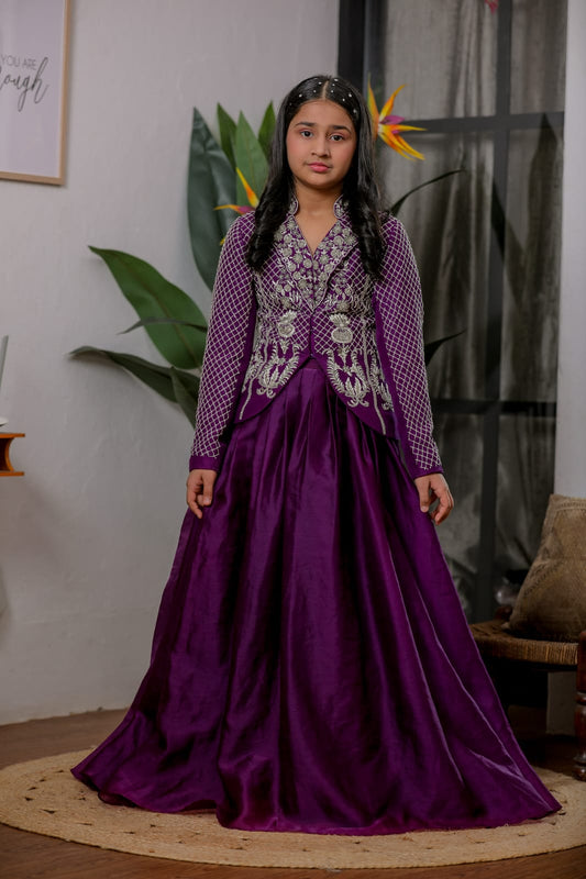 Purple Hand Embroidered Jacket Lehenga Set