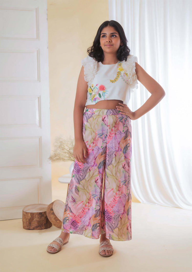 White Embroidered Top With Boho Printed Pant