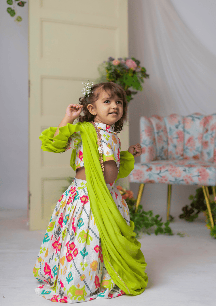 White Ikkat Blouse With Ghaghra And Dupatta