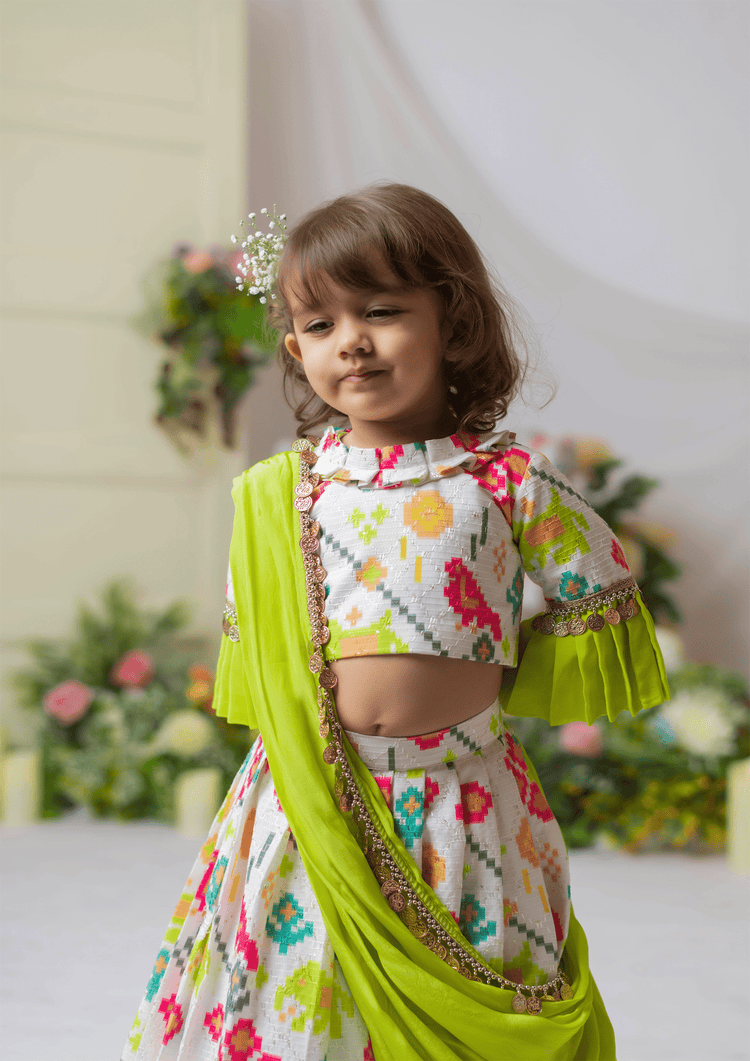 White Ikkat Blouse With Ghaghra And Dupatta