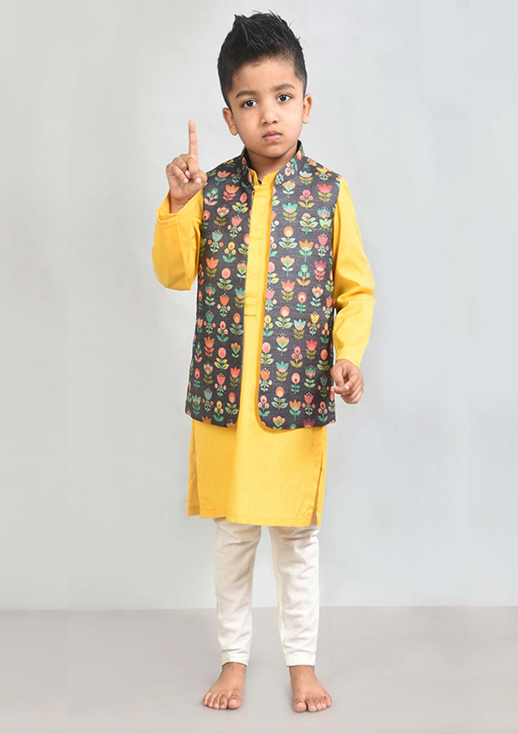 Yellow Grey Floral Nehru Set