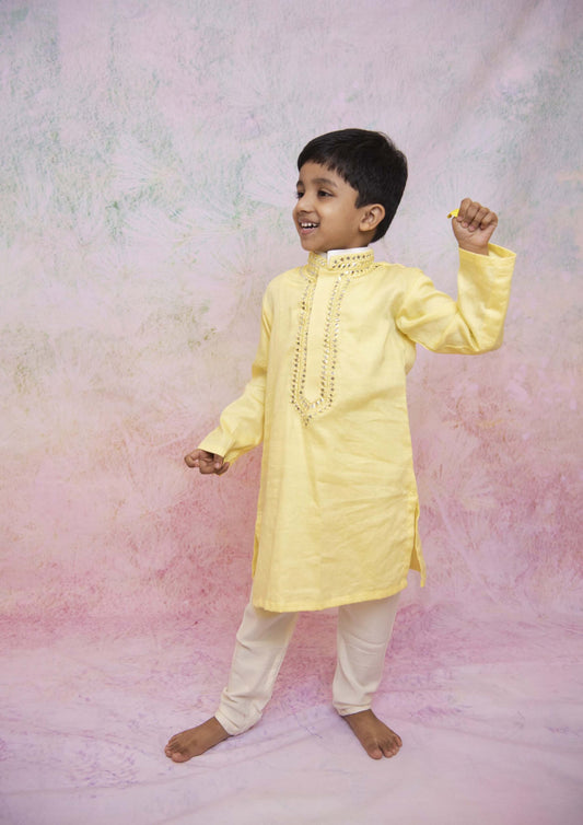 Yellow Mirror Embroidered Kurta Set