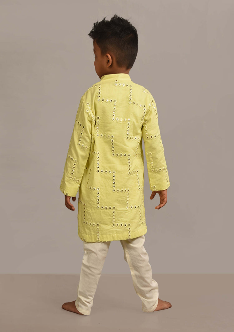 Yellow All Over Mirror Embroidered Kurta Set