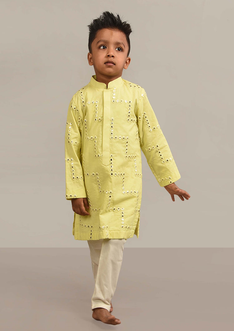 Yellow All Over Mirror Embroidered Kurta Set