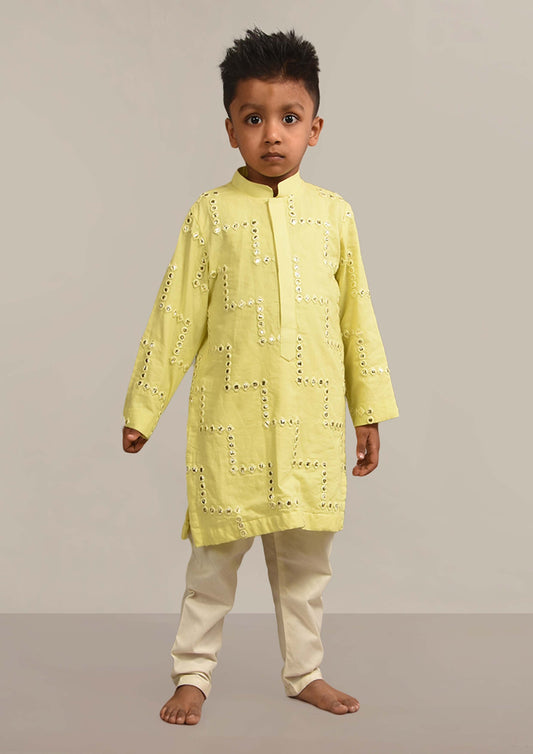 Yellow All Over Mirror Embroidered Kurta Set