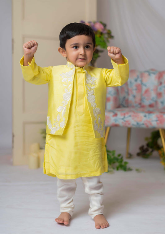 Yellow White Floral Embroidery Nehru With Kurta Set