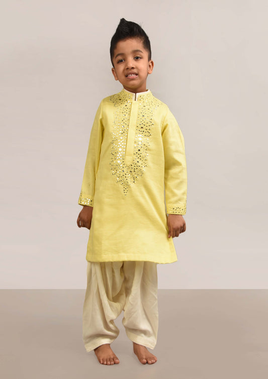 Yellow Mirror Embroidery Kurta Patiala