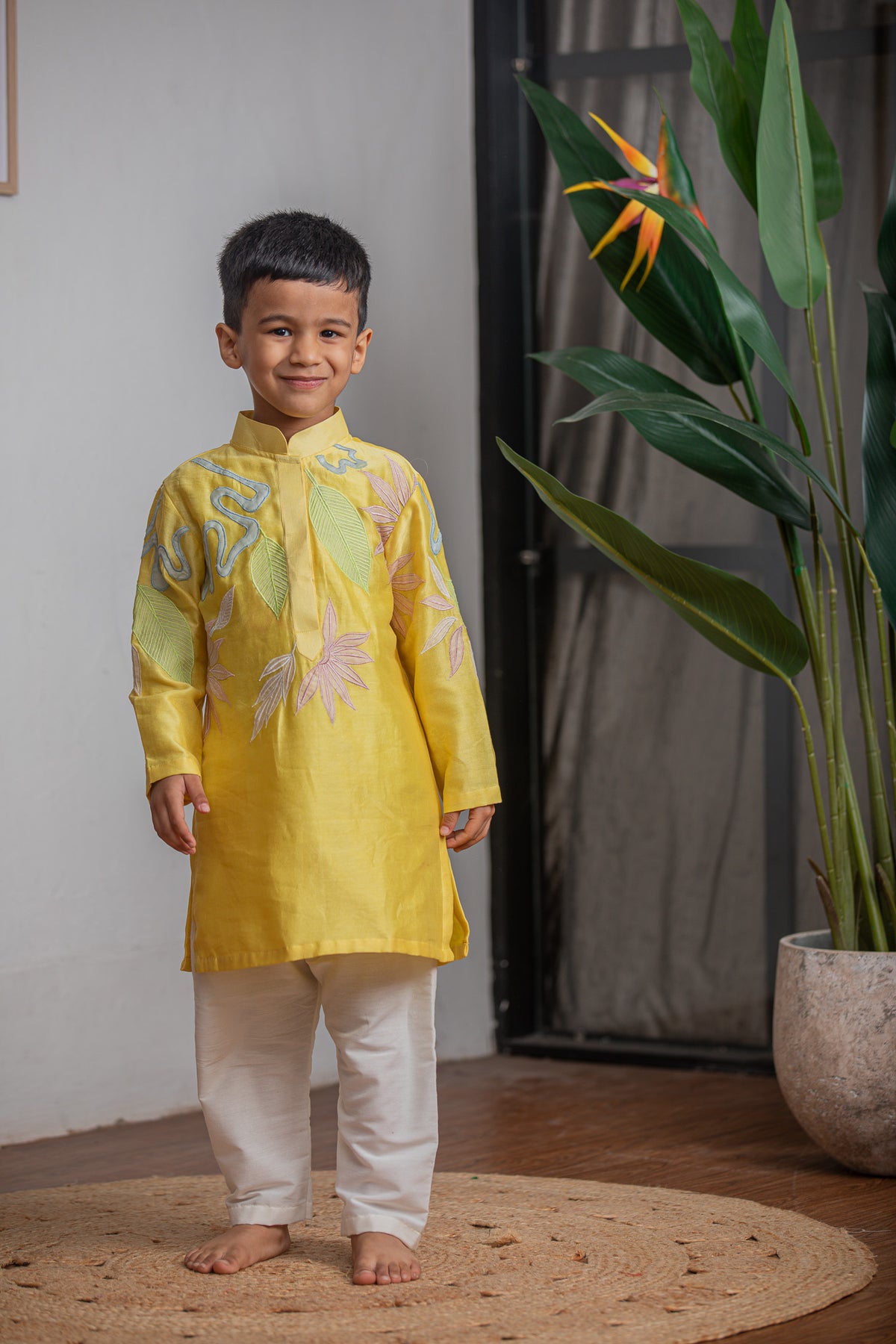 Yellow Chanderi Applique Kurta