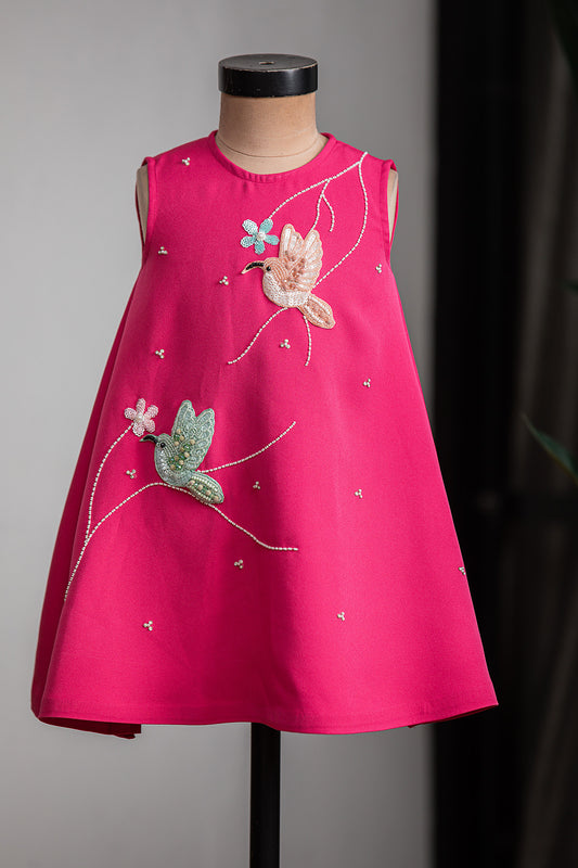 Pink Embroidered Bird Dress