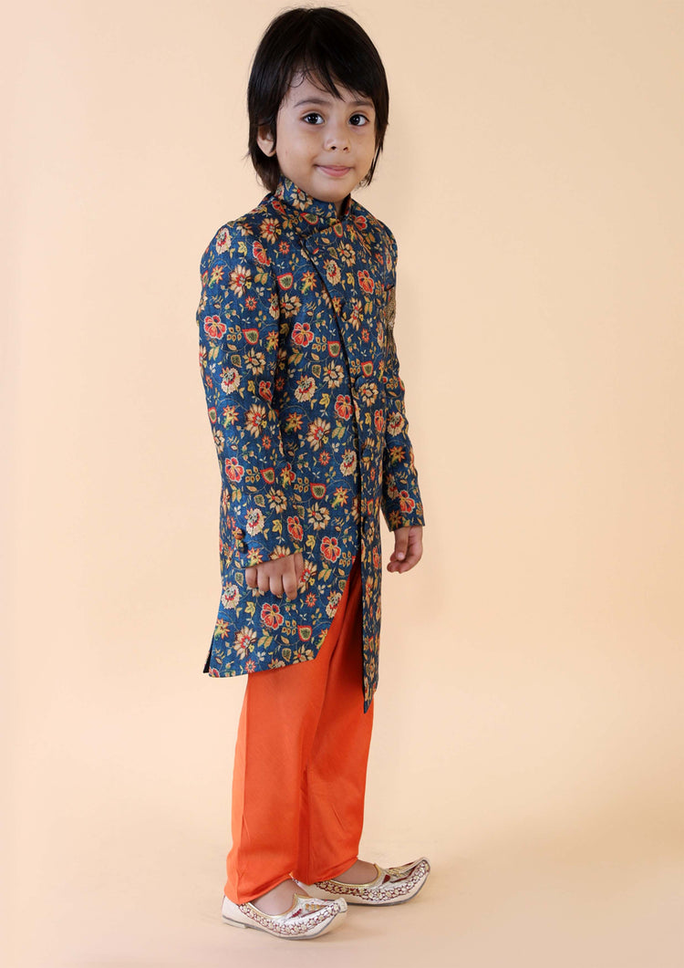 Blue Floral Print Sherwani Set