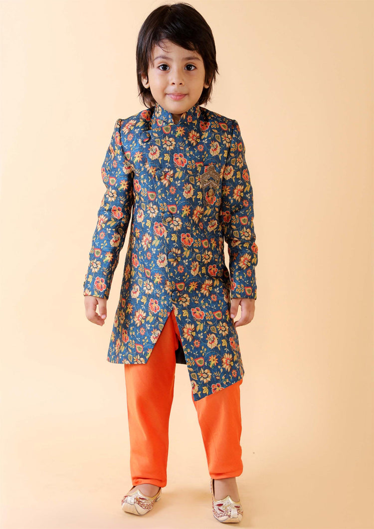 Blue Floral Print Sherwani Set