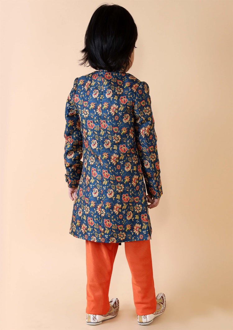 Blue Floral Print Sherwani Set