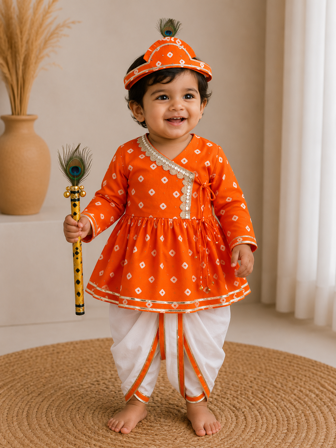 Orange Bandhej Dhoti Set