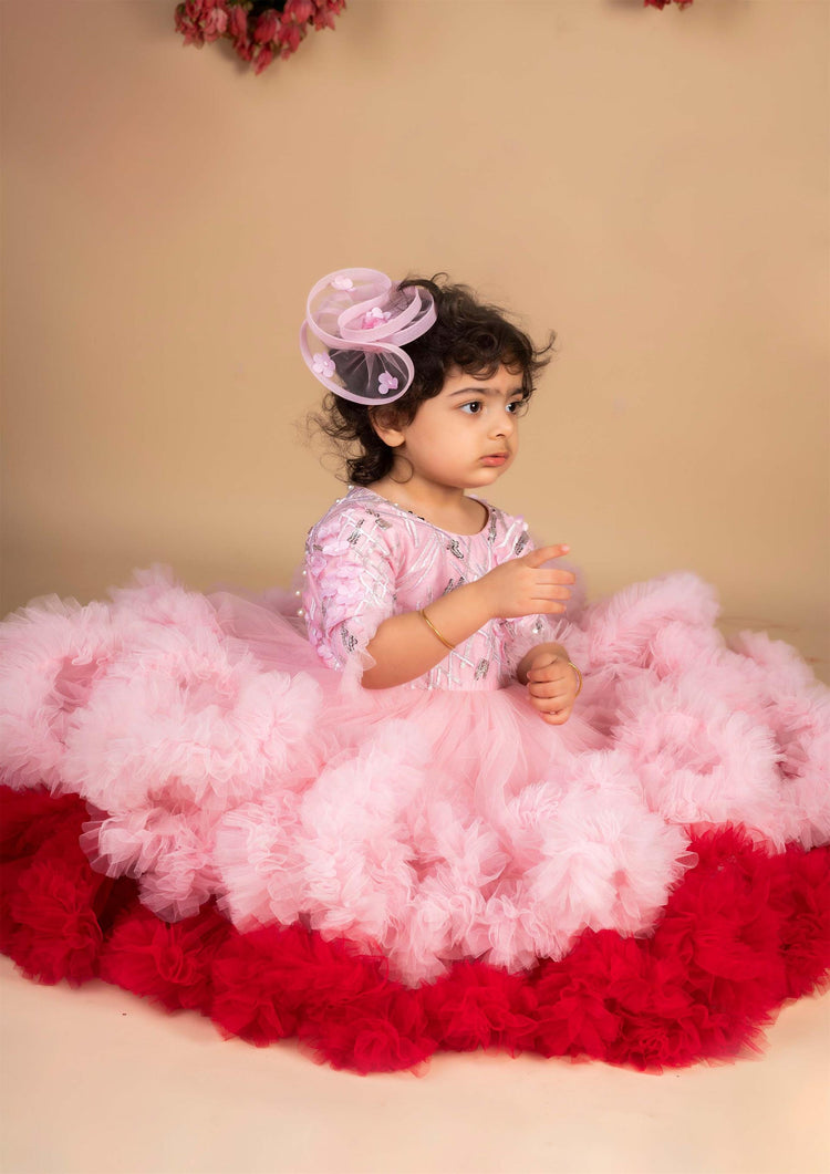 Pink Wine 3d Flower Ruffled Gown