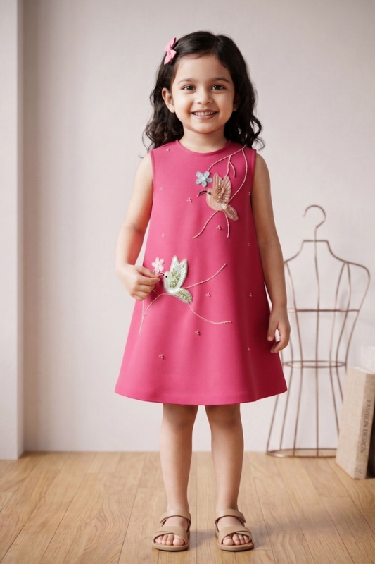 PINK EMBROIDERED BIRD DRESS