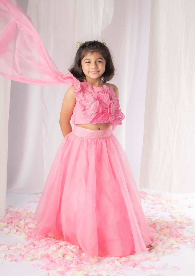 Pink 3d Flower Ghaghra Set