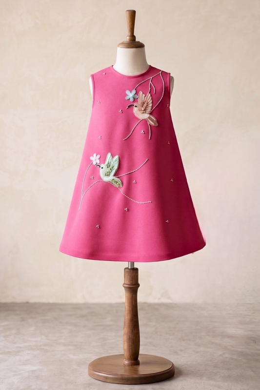 PINK EMBROIDERED BIRD DRESS