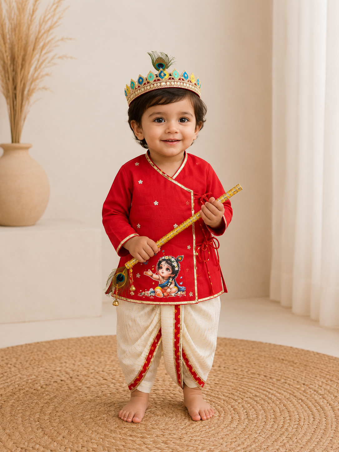 Red and White Krishna Printed Outfit with Mukut and Basuri