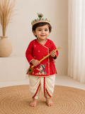 Red and White Krishna Printed Outfit with Mukut and Basuri