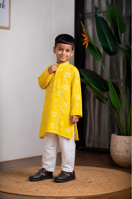 Yellow  Bandhej Kurta  Set
