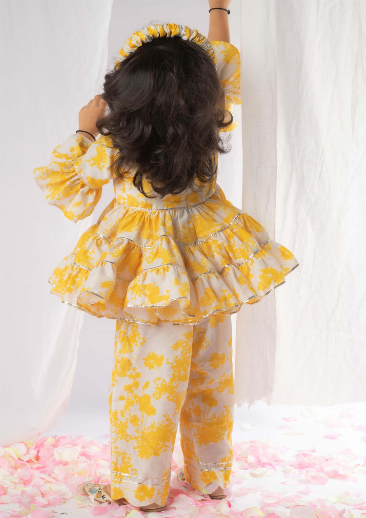 Yellow Printed Peplum Top Pant