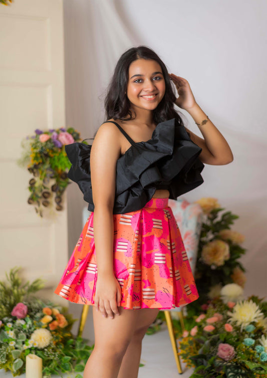 Black Layer Top With Candy Printed Skirt