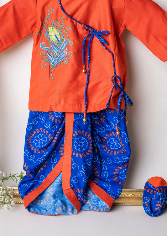 Orange Blue Bandhej Boy Jaamna Set