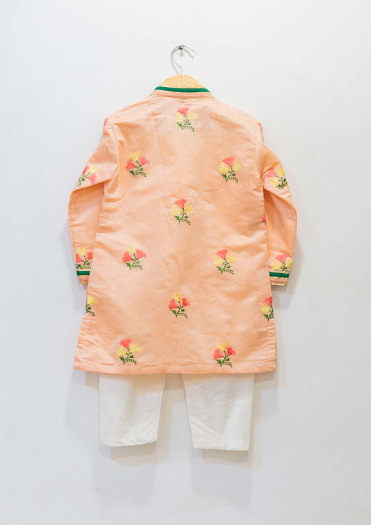 Peach Floral Embroidered Kurta Set