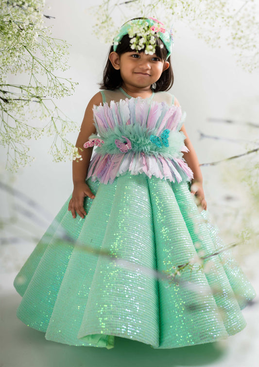 Sea Green Feather Structure Gown