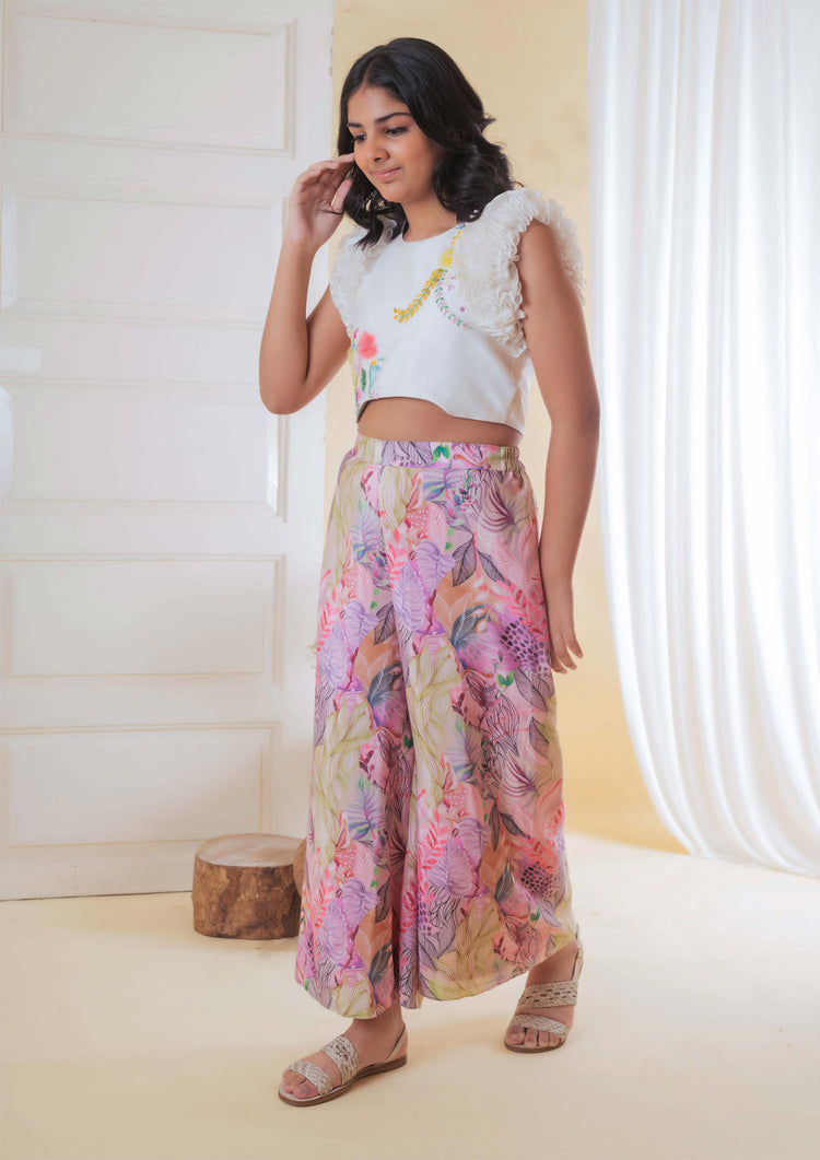 White Embroidered Top With Boho Printed Pant
