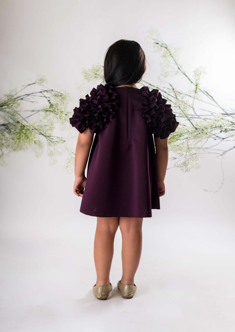 Wine Ruffled Sleeve Dress