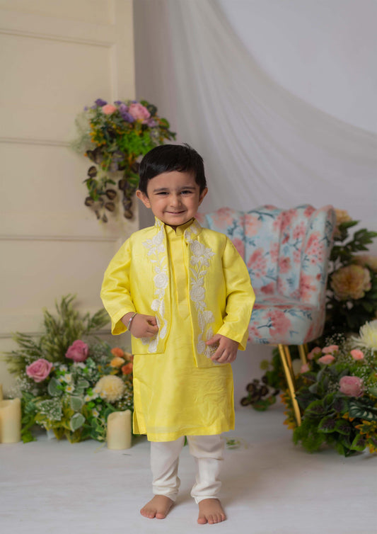 Yellow White Floral Embroidery Nehru With Kurta Set