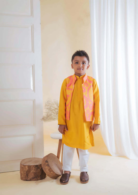 Yellow Pink Bandhej Nehru With Kurta Set