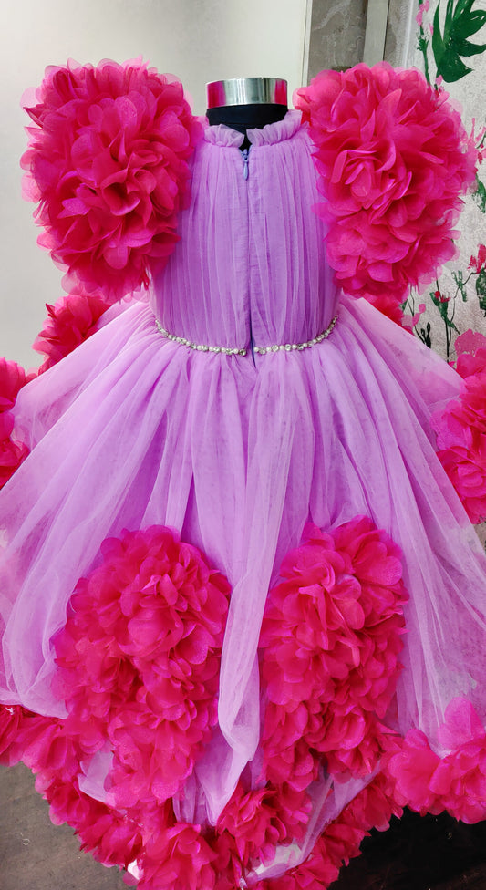 Lilac With Dark Pink Flowers High Low Gown